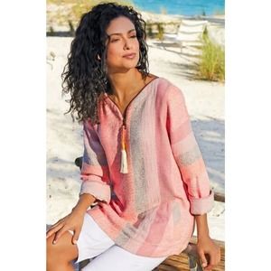 Soft Surroundings Pullover Top S Mecca Tunic Woven 3/4 sleeve Pink Tassled BOHO